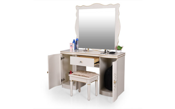 Keen Dresser with Cushioned Stool Storage and Mirror in High Gloss Pearl Finish