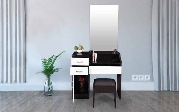 Voss Dresser with Cushioned Stool Storage and Mirror in Melamine Finish